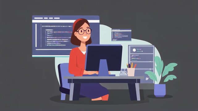 A smiling woman coding at a desk with computer displays and a plant.
