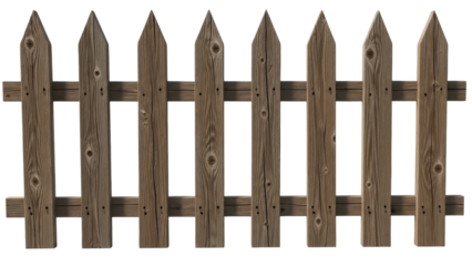 Rustic wooden fence PNG isolated on transparent background, weathered picket fence for garden decoration and rural design elements