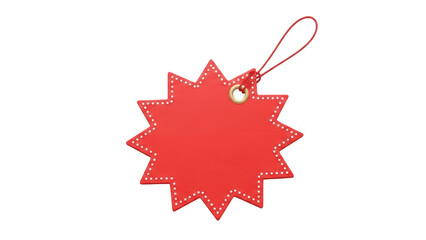 Red starburst price tag isolated PNG on transparent background, sale and discount label with string...