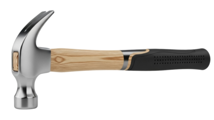 Claw hammer isolated PNG, steel head and wooden handle tool for construction, carpentry and home improvement on transparent background