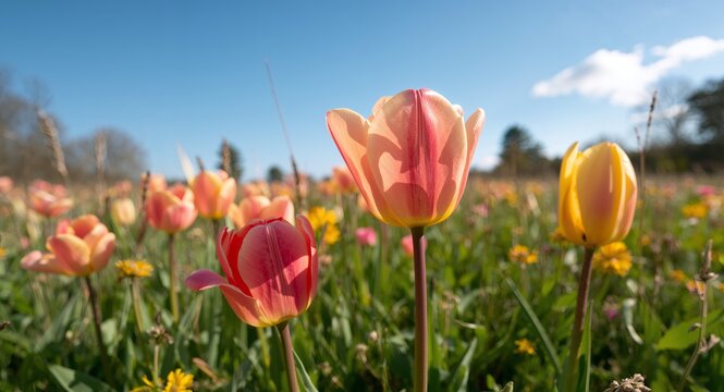 Blossoming, Colorful Tulips Dancing in a Meadow A Springtime Floral Abstraction.