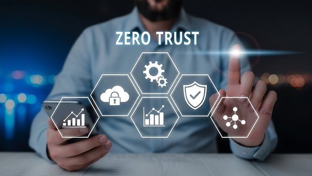 Man in blue shirt interacting with zero trust cybersecurity concept on smartphone and touchscreen - Powered by Adobe
