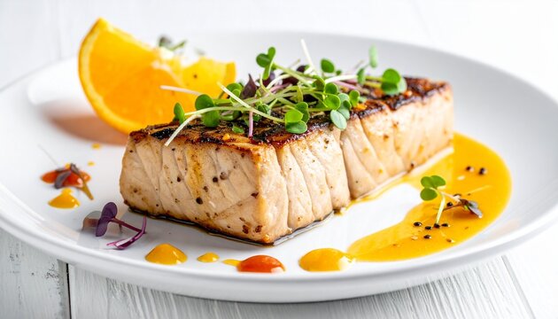 Grilled Swordfish with Citrus Glaze. American Fine Dining Luxury Set Up