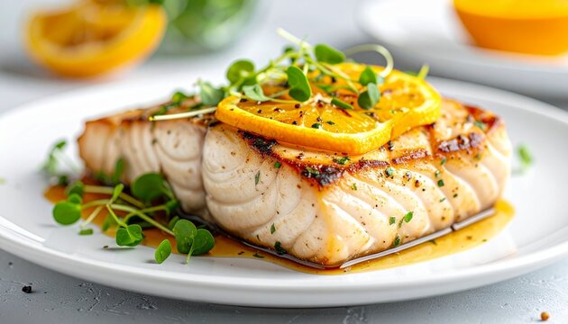Grilled Swordfish with Citrus Glaze. American Fine Dining Luxury Set Up