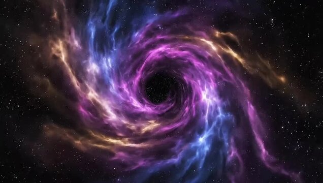 A vibrant cosmic vortex with swirling purple, blue, and orange nebulae around a dark central singularity in deep space.