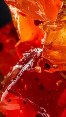 Close-up of vibrant red and orange candied fruit or jelly with a glossy, translucent texture, showcasing its sweet and sticky appearance.