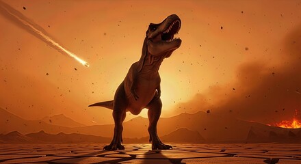 A Tyrannosaurus Rex stands in a dry, cracked environment during sunset as an asteroid flies across the sky, causing dust and fire. The scene depicts a prehistoric era ending