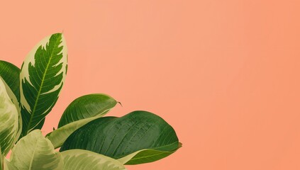 Botanical Still Life with Variegated Leaves on a Coral Backdrop, a Study in Contrasting Hues.