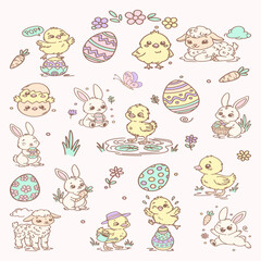Cute Easter Animals Clipart Set, Bunny, Lamb, Chick & Duckling, Pastel Spring Nursery Illustration Bundle, Includes multiple poses, spring flowers, eggs, and props to help you create cohesive designs
