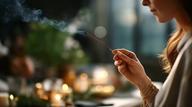 Faceless incense in woman's hand defocused ceremony space background spiritual ritual sacred smoke ceremonial practice meditative atmosphere healing ritual element with copy