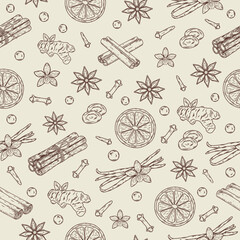 Elegant hand drawn seamless pattern featuring warm winter spices: cinnamon, star anise, vanilla, ginger, and orange slices
