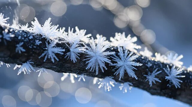 Intricate frost crystals delicately adorn a twig against a soft bokeh background
