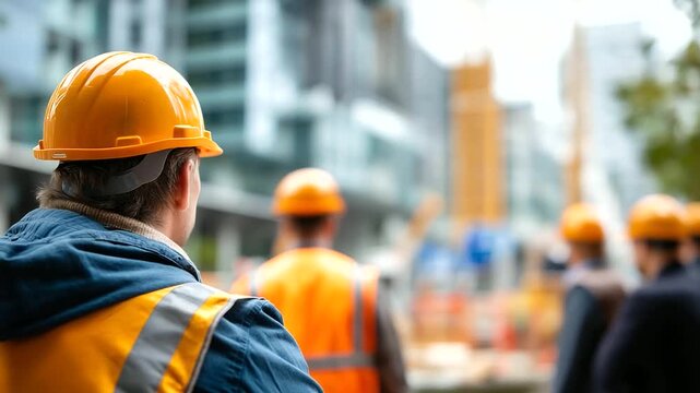 Faceless construction workers at groundbreaking ceremony site defocused building project background inaugural event construction launch development beginning ceremonial ground