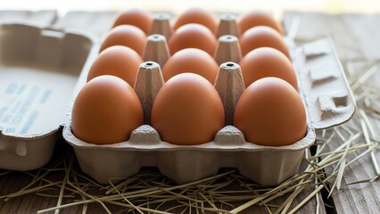 Brown eggs in cardboard carton on wooden surface