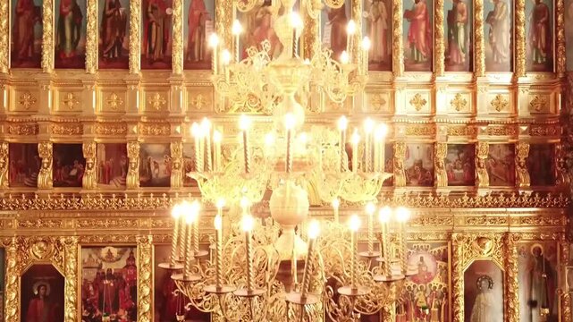 Drone ascending near altar inside Cathedral of Archangel Michael
