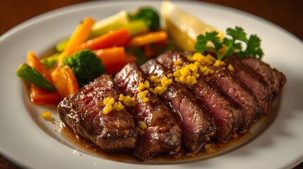 Sliced medium rare steak topped with seasoning rests on a white plate with a lemon wedge and colorful glazed vegetables in a restaurant setting elegantly.