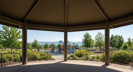 Fototapeta premium Gazebo overlooking a park with children's play area
