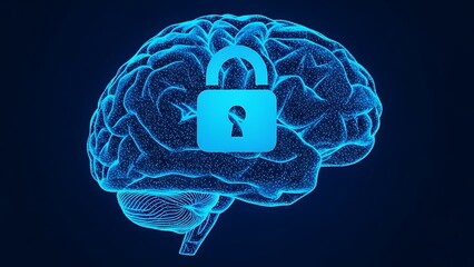 Blue brain with lock on forehead neon security