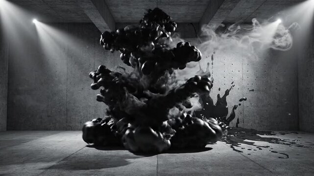 Abstract black liquid and smoke explosion in concrete room with spotlights dramatic abstract visuals