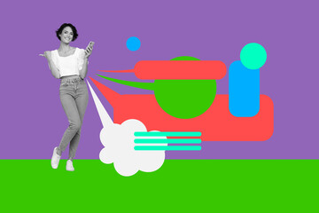 Collage with cheerful man woman colorful speech bubbles symbolizing blogging chatting and digital interaction