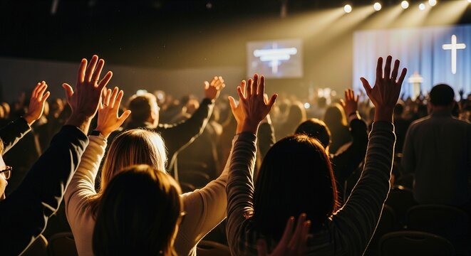 Congregation raising hands in fervent prayer, experiencing profound spiritual faith and religious worship. This vibrant church gathering reflects collective devotion and shared denomination values.