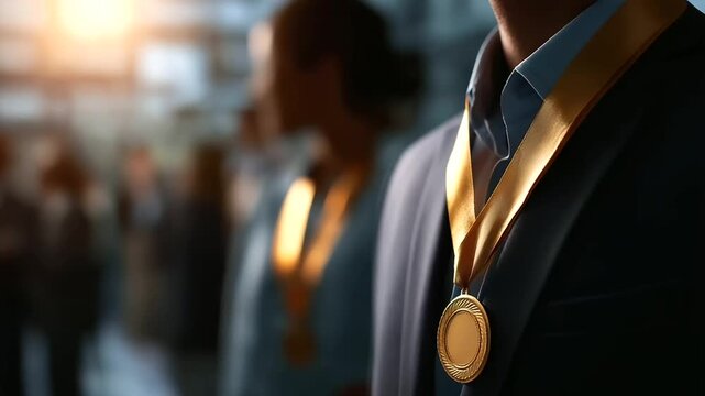 Faceless employee award presentation ceremony defocused corporate background recognition event staff appreciation achievement celebration professional acknowledgment business