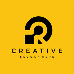 Modern abstract letter R logo design with geometric shapes, symbolizing connection and innovation on a vibrant yellow background, ideal for technology and creative branding