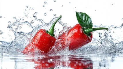 Red Chili Peppers Splashing into Water with Green Leaf