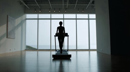 Fototapeta premium Silhouette person train on treadmill in empty gym with window light