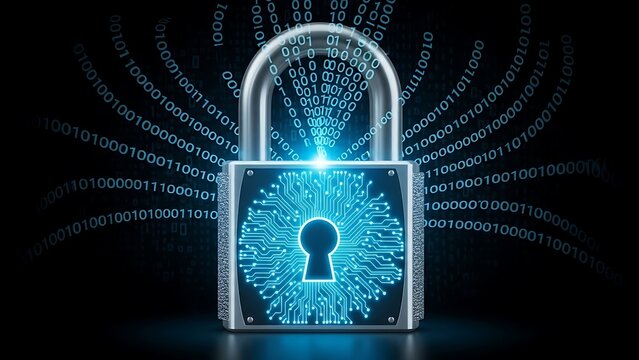 Glowing blue circuit board lock with keyhole and binary code background padlock - Powered by Adobe