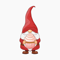 Cute holiday gnome illustration holding a large pink frosted cupcake