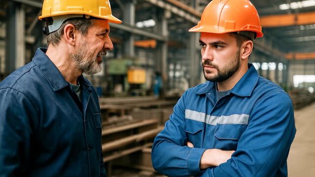 Supervisor, manager scolding employee in modern industry factory. Worker making mistake. 