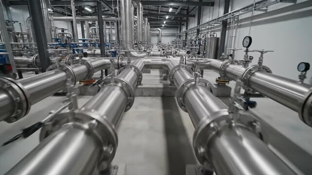 Intricate network of stainless steel pipes and valves in an industrial facility