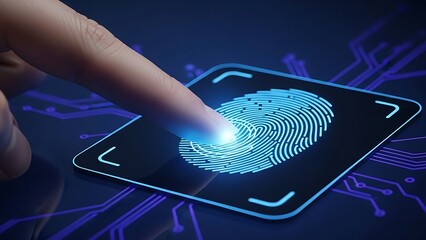 Finger touching smartphone screen with glowing blue fingerprint scanner on dark circuit background