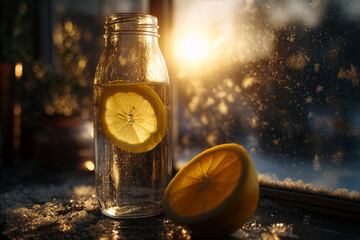 Glass Water Bottle with Lemon Slices on Winter Window - Healthy Hydration