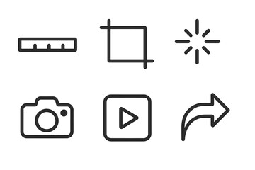 Video Editor Icons. Line vector icons of short-form video editor: mini timeline, crop corners, motion spark, camera icon, play