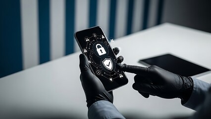 Gloved hands holding smartphone with lock and shield on screen lock shield black gloves white table blue and white striped wall