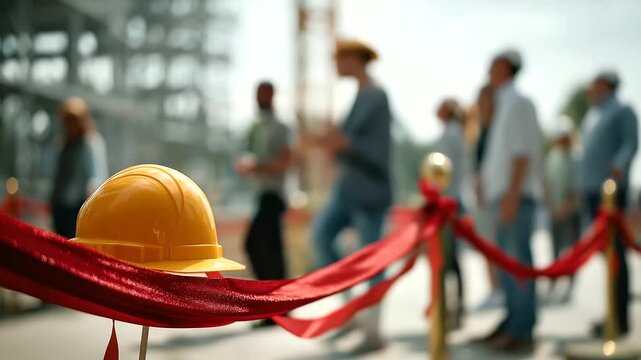 Construction ground breaking ceremony with red carpet faceless inaugural event defocused construction site background ceremonial beginning development launch official project