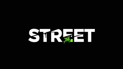 Obraz premium Bold white lettering spelling STREET with a vibrant green abstract mark on a stark black background