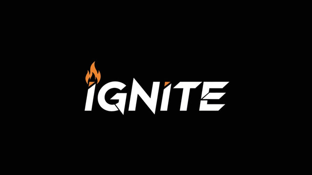 Bold Typography of the word IGNITE with a stylized flame element on a stark black background