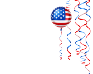 Patriotic usa balloon with red white blue ribbon streamers on the right side with copy space isolated on transparent background