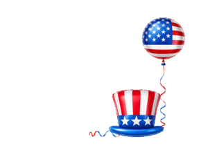 Patriotic usa balloon set with american flag round balloon and uncle sam hat balloon with copy space isolated on transparent background