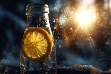 Glass Water Bottle with Lemon Slice in Winter Sunlight - Healthy Detox