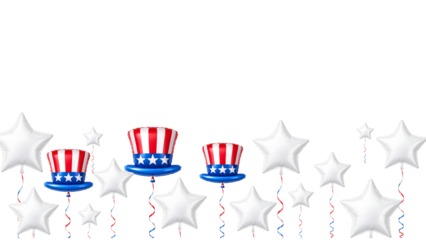 Patriotic usa balloon border with uncle sam hat balloons and white star balloons red white blue decoration with copy space isolated
