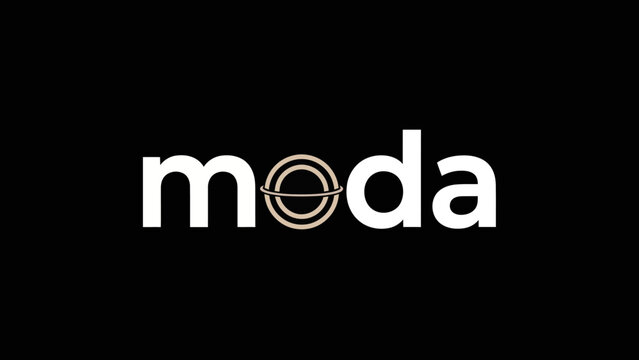 Minimalist 'moda' wordmark logo with stylized ringed planet graphic on black background