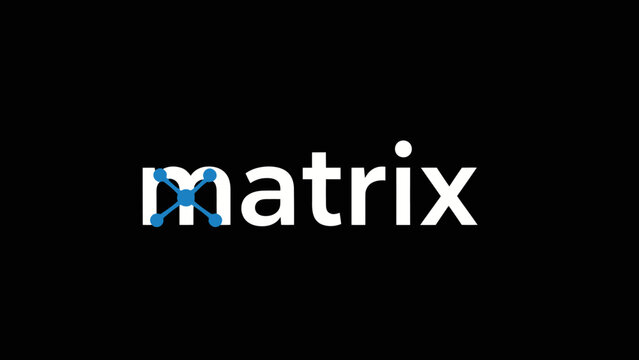 Futuristic digital matrix network logo with interconnected nodes on black background