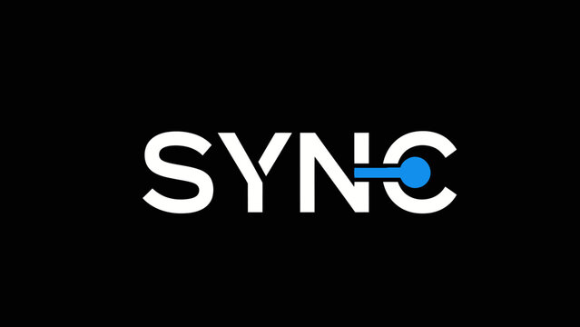 Minimalist modern sync logo featuring white letters on a black background with a blue accent