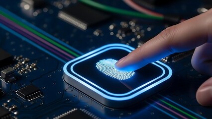 Fingerprint scanner on circuit board with glowing blue light