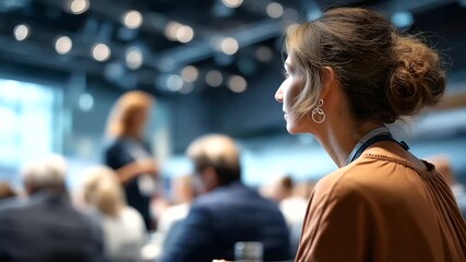 Faceless audience member watching person giving speech on stage defocused large venue background conference setting presentation viewing seminar attendance event participation