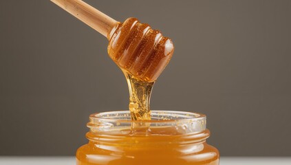 Golden cascade, a sweet and viscous liquid dripping from a wooden honey dipper.